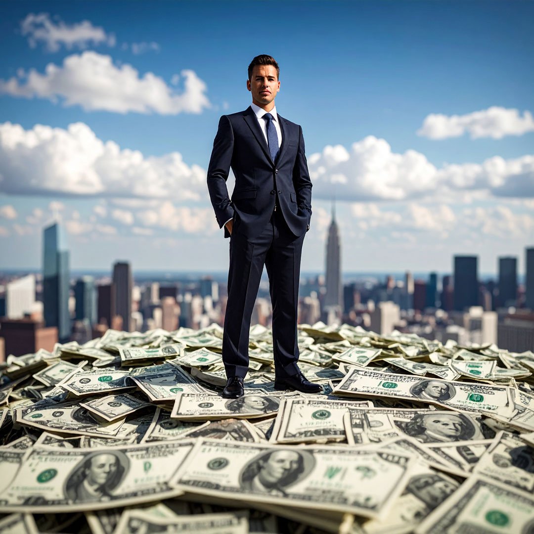 A sharply dressed man in a sleek suit and blue tie stands atop a pile of U.S. dollars, with a city skyline stretching out behind him.